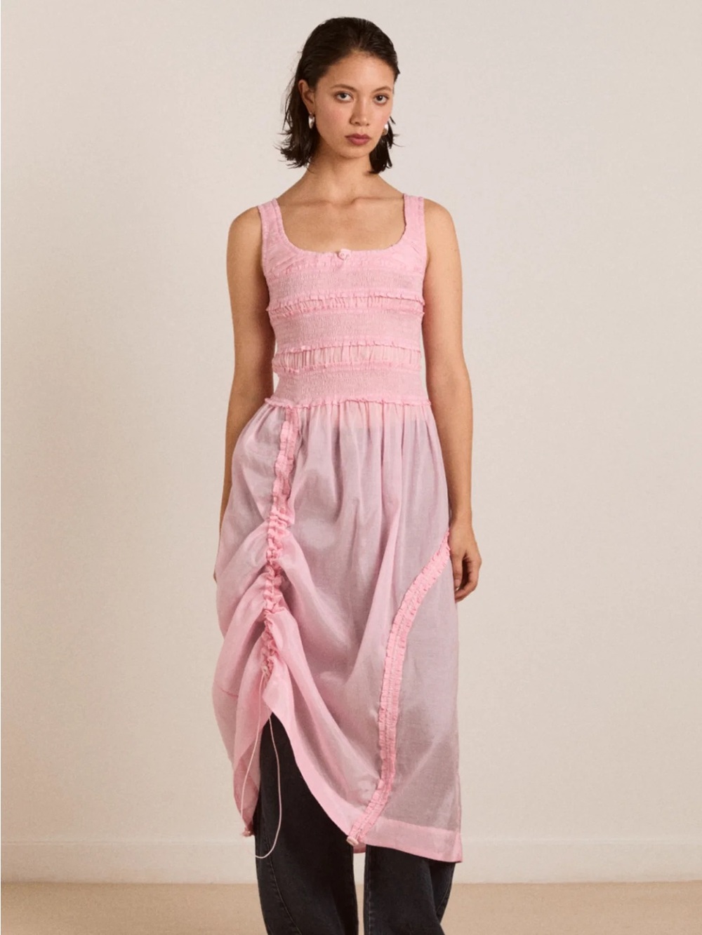 Pink Midi Tank Dress with Ruffle Detail